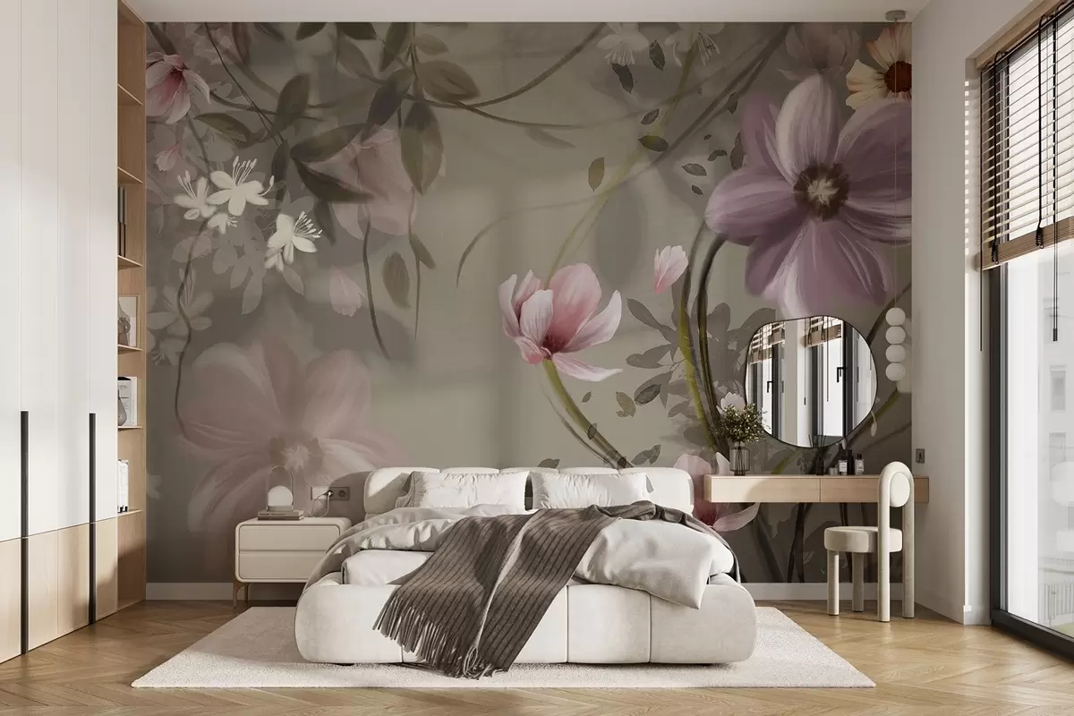 Fototapete Rosa und weiße Blumen mit braunen Stielen und Blättern, sanfte Beleuchtung, gedämpfte Farben, Blumenarrangement w09417