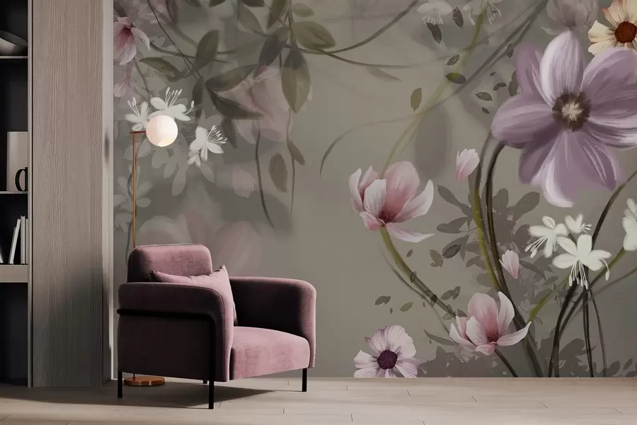 Fototapete Rosa und weiße Blumen mit braunen Stielen und Blättern, sanfte Beleuchtung, gedämpfte Farben, Blumenarrangement w09417