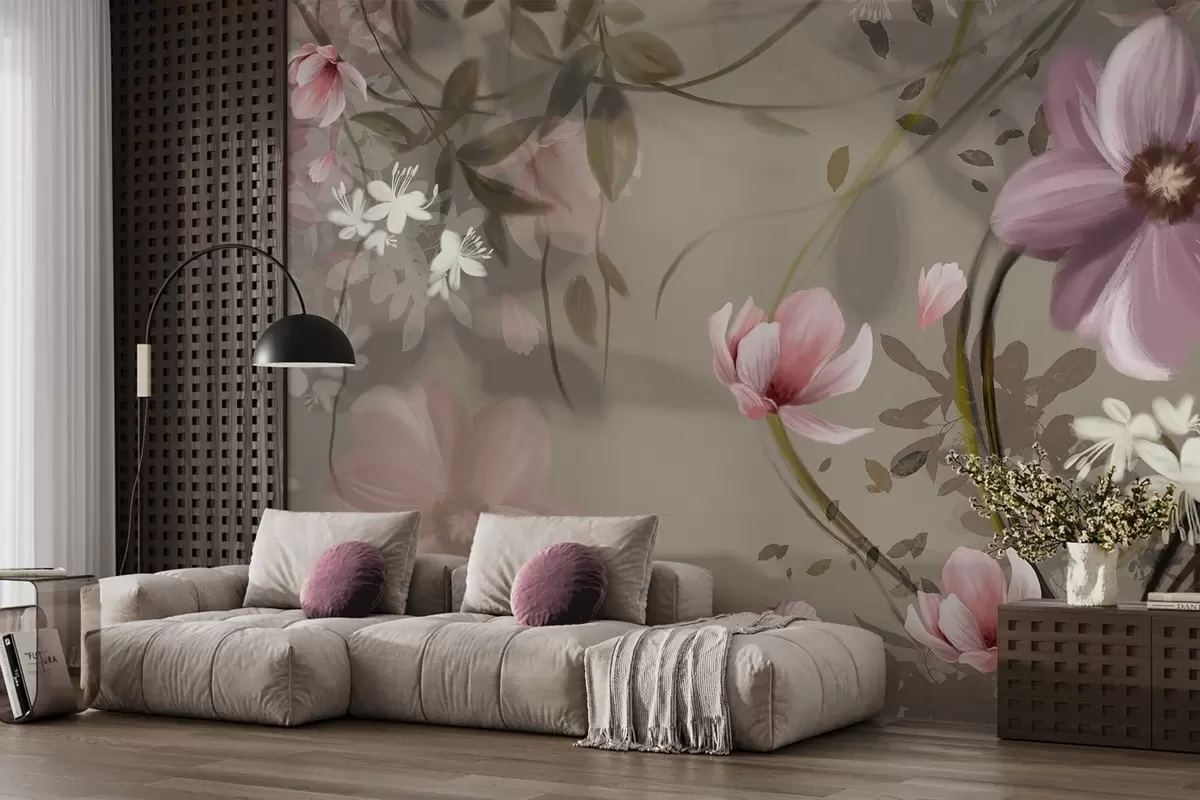 Fototapete Rosa und weiße Blumen mit braunen Stielen und Blättern, sanfte Beleuchtung, gedämpfte Farben, Blumenarrangement w09417