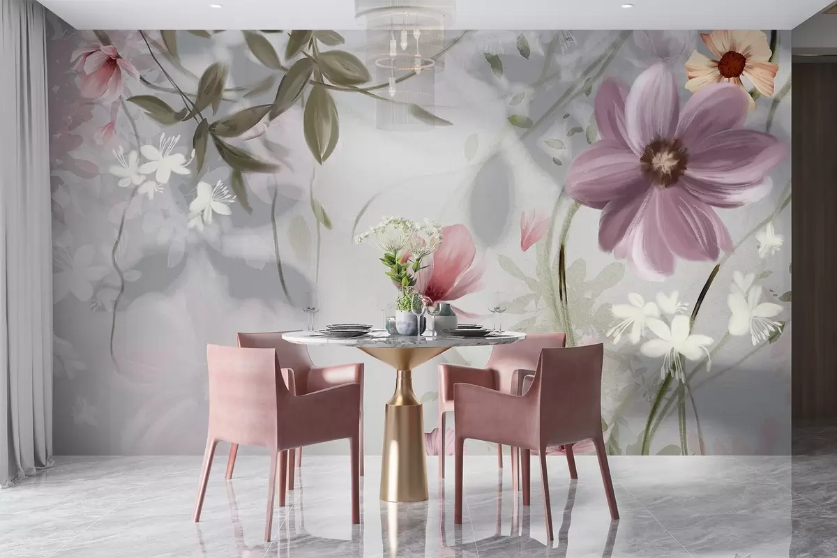 Fototapete Rosa und weiße Blumen mit grünen Stielen und Blättern, sanfte Beleuchtung, gedämpfte Farben, Blumenarrangement w09417v1