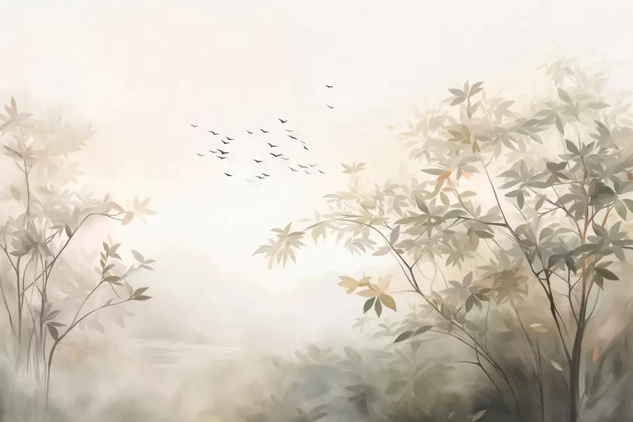 Fototapete Strukturierte Landschaft mit Bäumen und einem Vogelschwarm am Himmel, Pastellfarben, Naturszene  w09418
