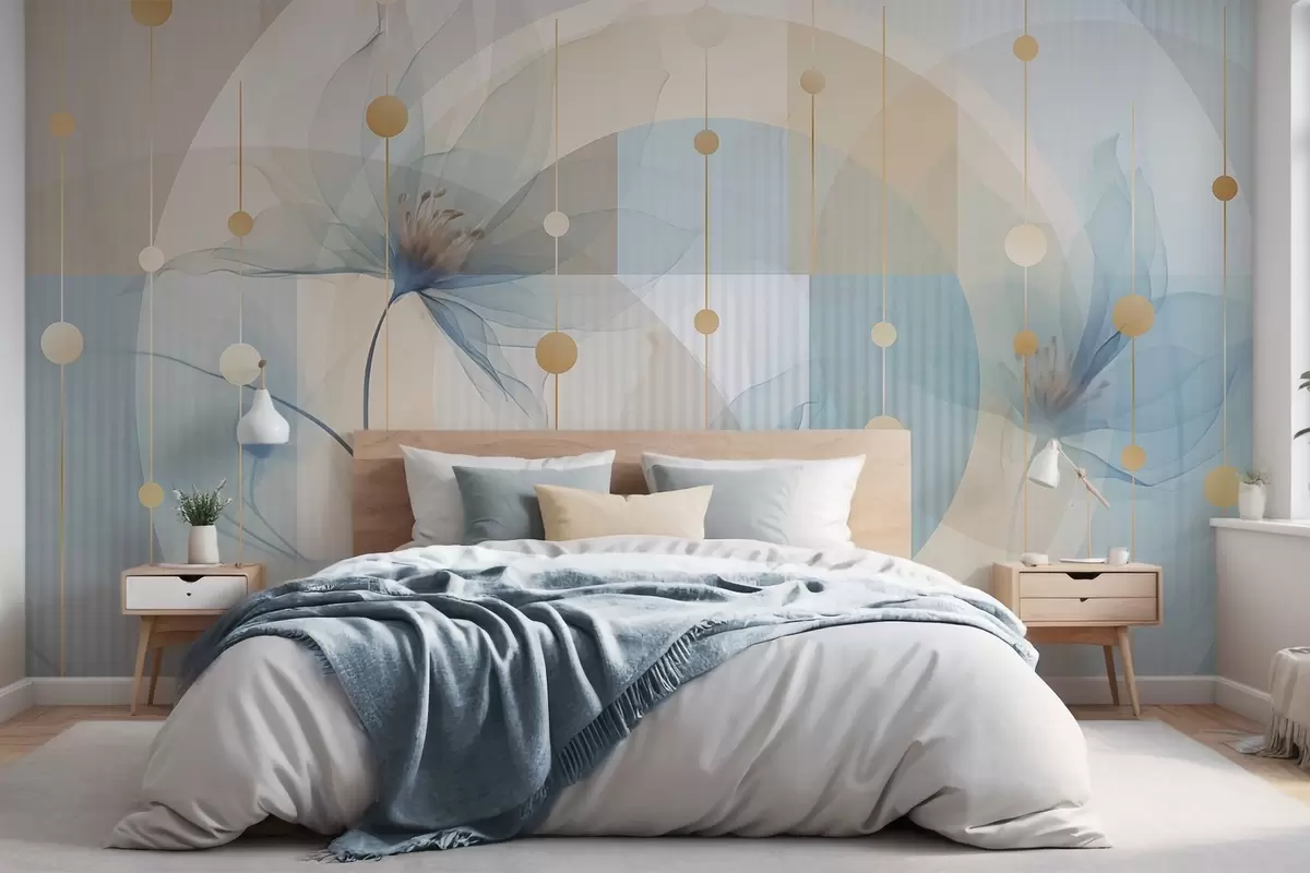 Fototapete Abstrakte durchscheinende Blumen, Kreise und geometrische Formen, Pastellblau, Beige und Weiß als Farbpalette w09419
