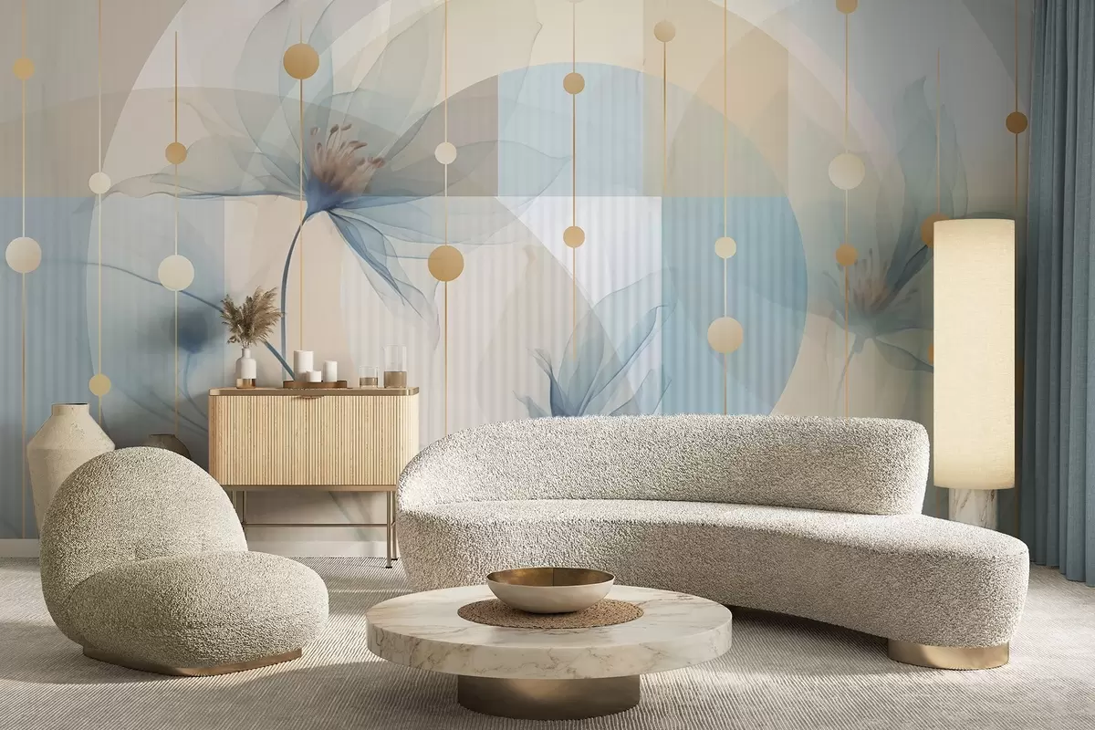 Fototapete Abstrakte durchscheinende Blumen, Kreise und geometrische Formen, Pastellblau, Beige und Weiß als Farbpalette w09419