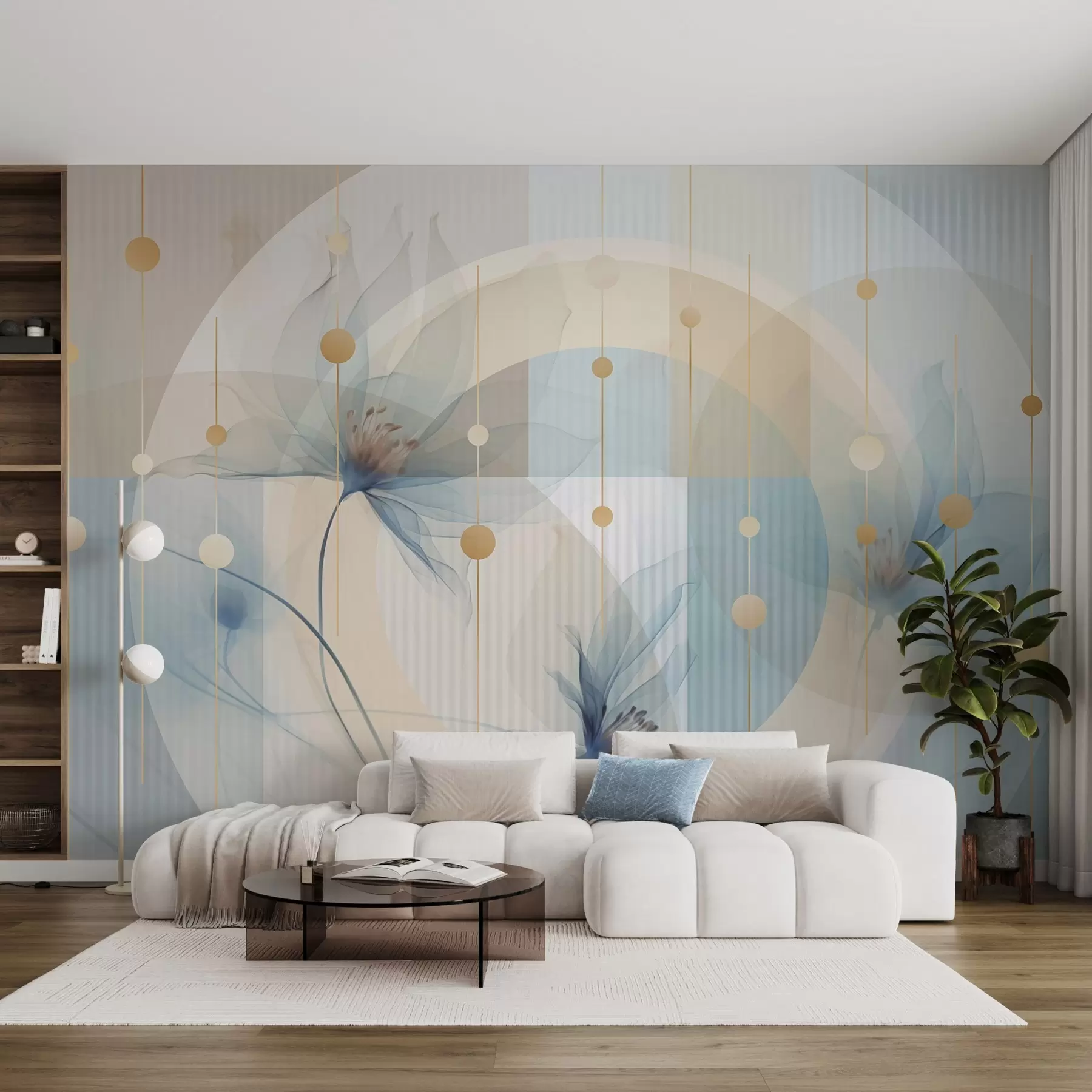 Fototapete Abstrakte durchscheinende Blumen, Kreise und geometrische Formen, Pastellblau, Beige und Weiß als Farbpalette w09419