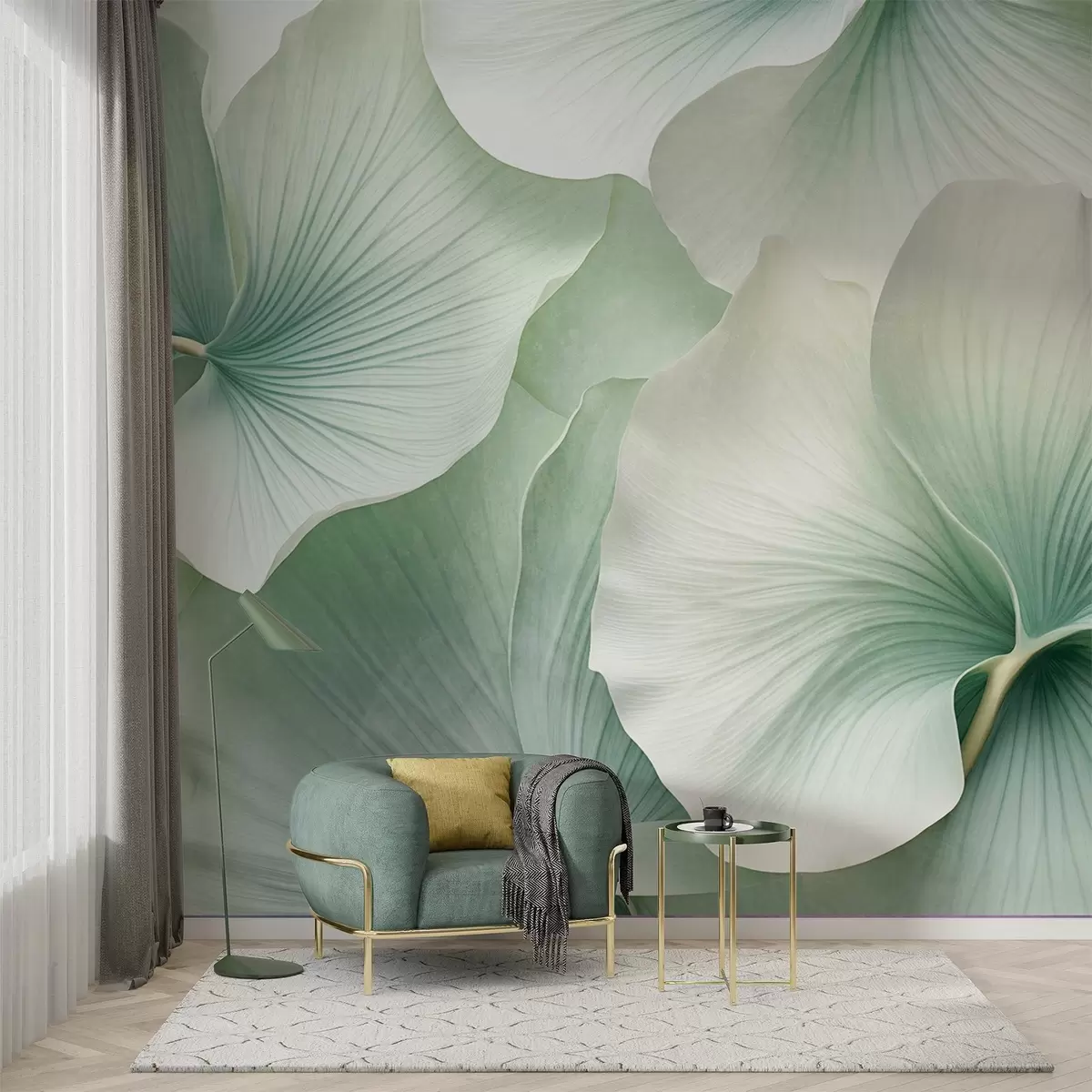 Fototapete Weiße und grüne Ginkgoblätter, weiche Textur, abstrakter Blumenhintergrund, minimalistischer moderner Stil w09421