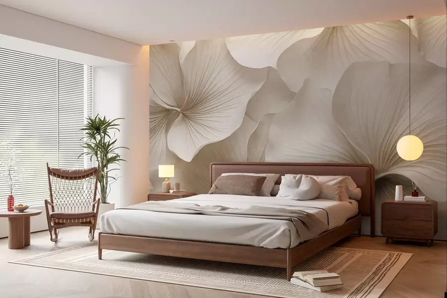 Fototapete Weiße und beige Ginkgoblätter, weiche Textur, abstrakter Blumenhintergrund, minimalistischer moderner Stil w09421v1