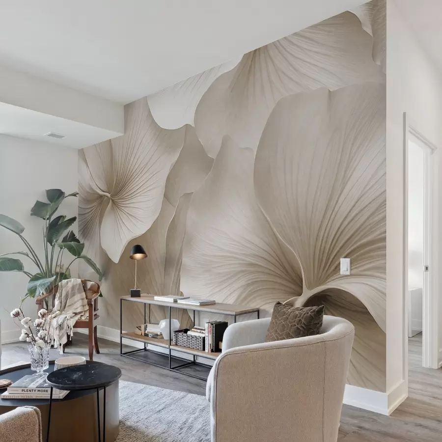 Fototapete Weiße und beige Ginkgoblätter, weiche Textur, abstrakter Blumenhintergrund, minimalistischer moderner Stil w09421v1