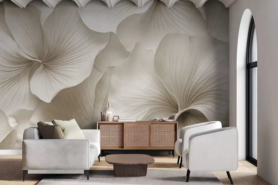 Fototapete Weiße und beige Ginkgoblätter, weiche Textur, abstrakter Blumenhintergrund, minimalistischer moderner Stil w09421v1