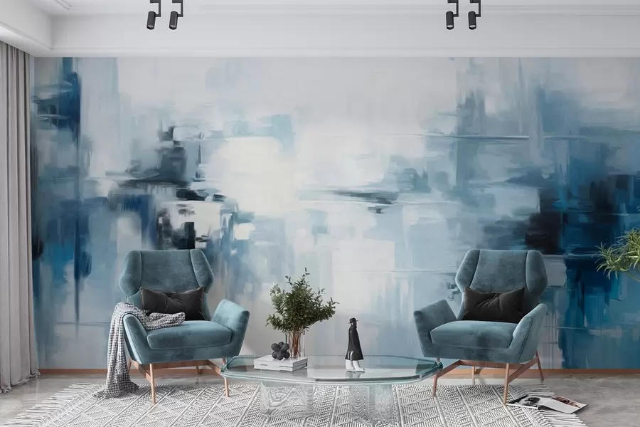 Fototapete Abstrakte Landschaftsmalerei mit blauen und weißen Pinselstrichen, moderner Stil w09422