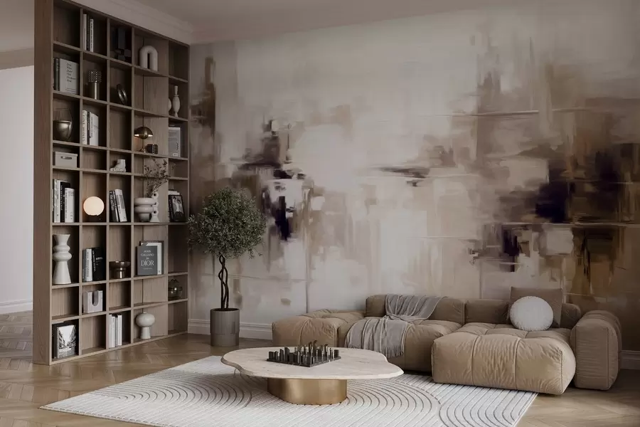 Fototapete Abstrakte Landschaftsmalerei-Imitation mit braunen und weißen Pinselstrichen, moderner Stil w09422v1