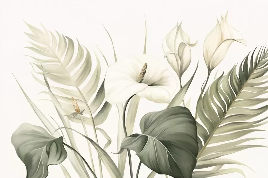 Fototapete Weiße Callalilien und grüne tropische Blätter, botanische Illustration, heller Hintergrund, Vintage-Stil, strukturiert w09423