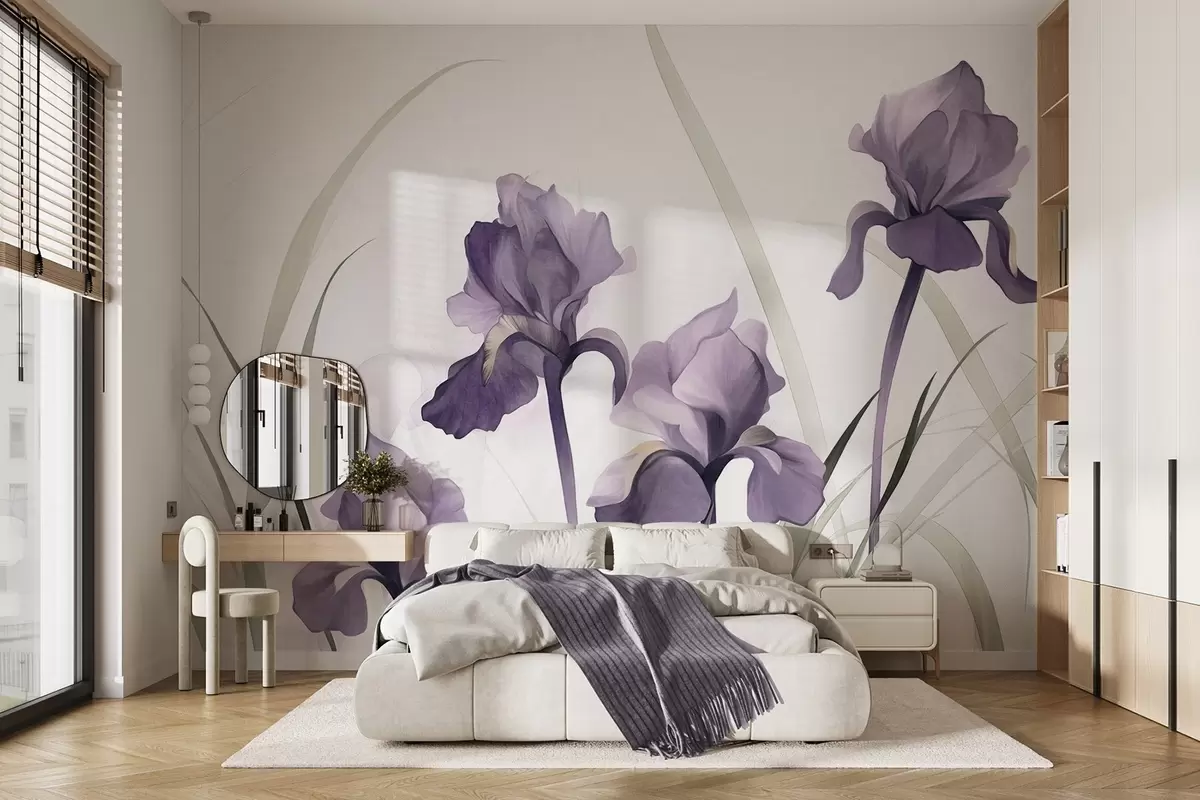 Fototapete Lila Irisblüten mit grünen Stielen, Aquarellstil, weißer Hintergrund, sanfte Farben, elegant, künstlerisch w09425