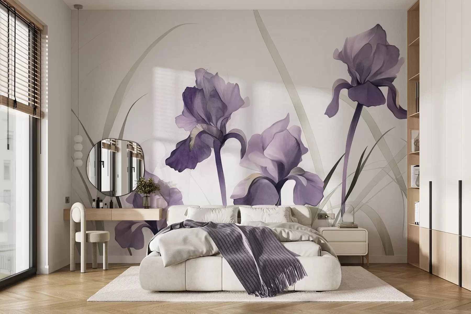 Fototapete Lila Irisblüten mit grünen Stielen, Aquarellstil, weißer Hintergrund, sanfte Farben, elegant, künstlerisch w09425