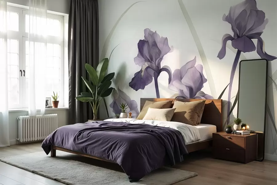 Fototapete Lila Irisblüten mit grünen Stielen, Aquarellstil, weißer Hintergrund, sanfte Farben, elegant, künstlerisch w09425