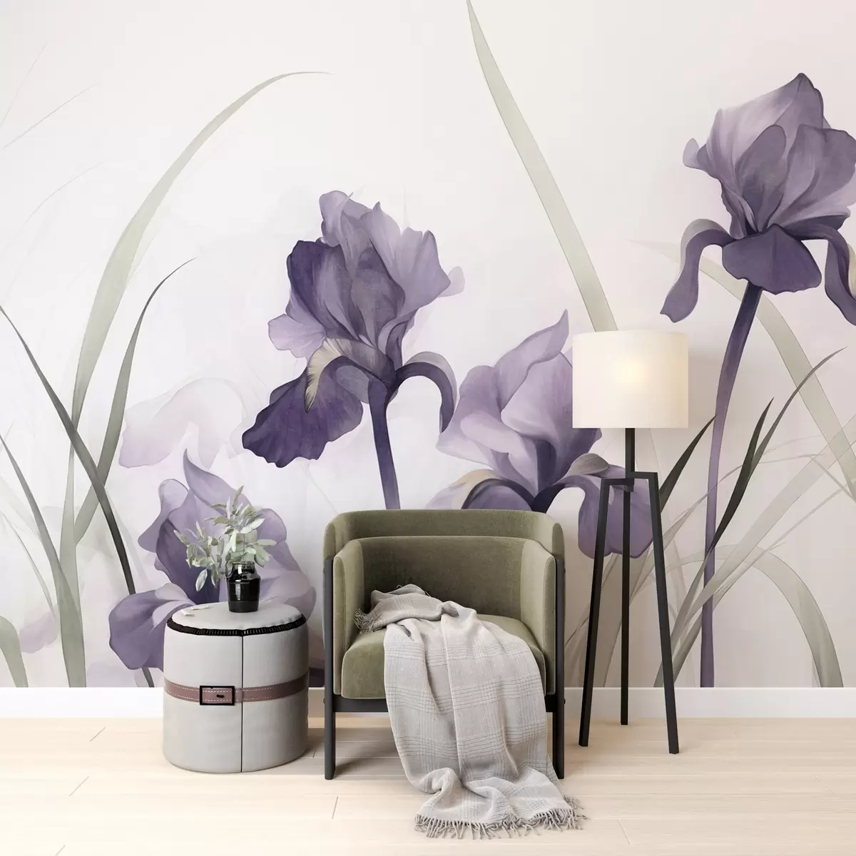 Fototapete Lila Irisblüten mit grünen Stielen, Aquarellstil, weißer Hintergrund, sanfte Farben, elegant, künstlerisch w09425
