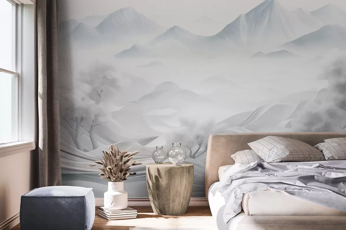 Fototapete Verschneite abstrakte dekorative Berglandschaft mit weißen Bäumen und Nebel, minimalistischer strukturierter Stil w09426