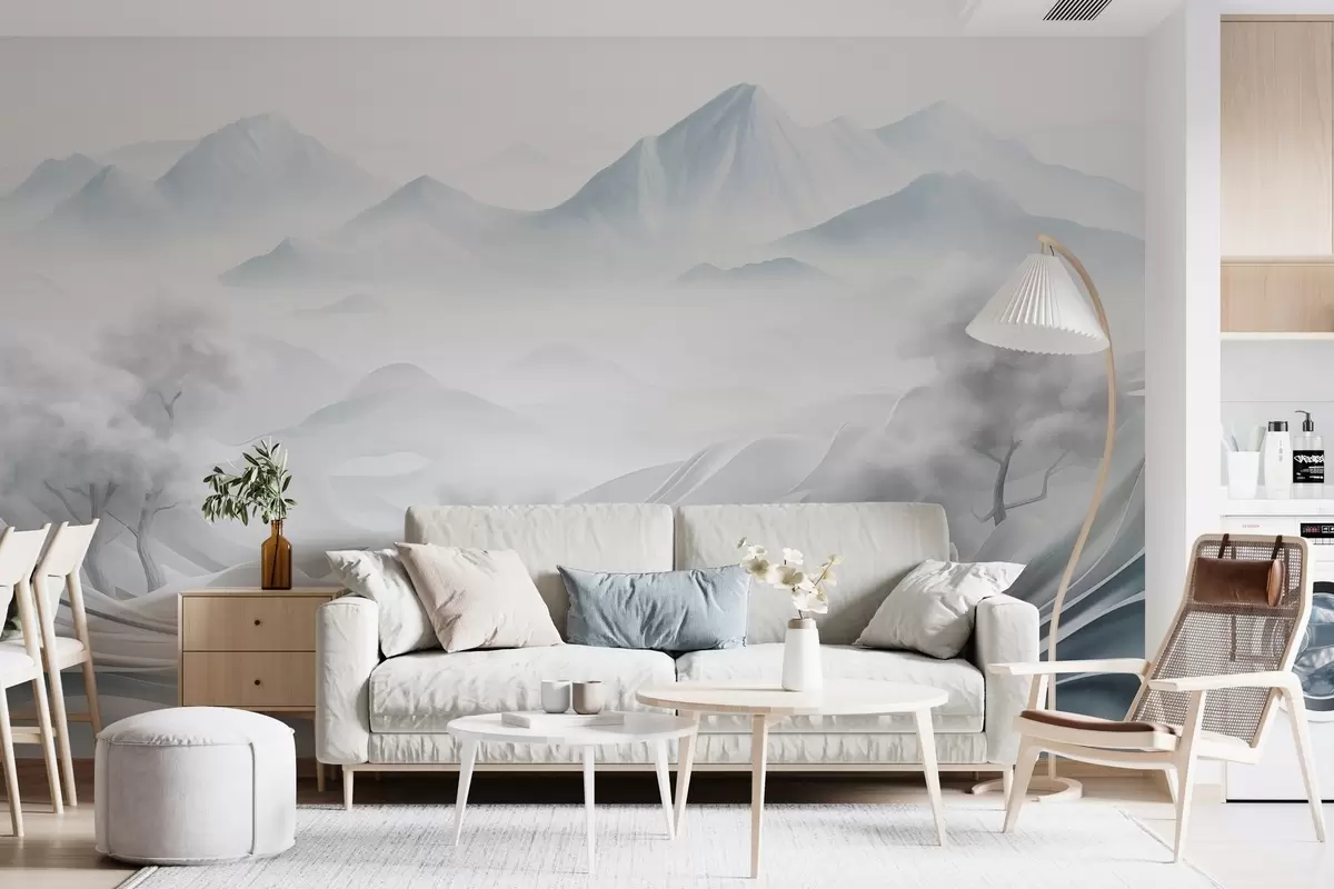Fototapete Verschneite abstrakte dekorative Berglandschaft mit weißen Bäumen und Nebel, minimalistischer strukturierter Stil w09426