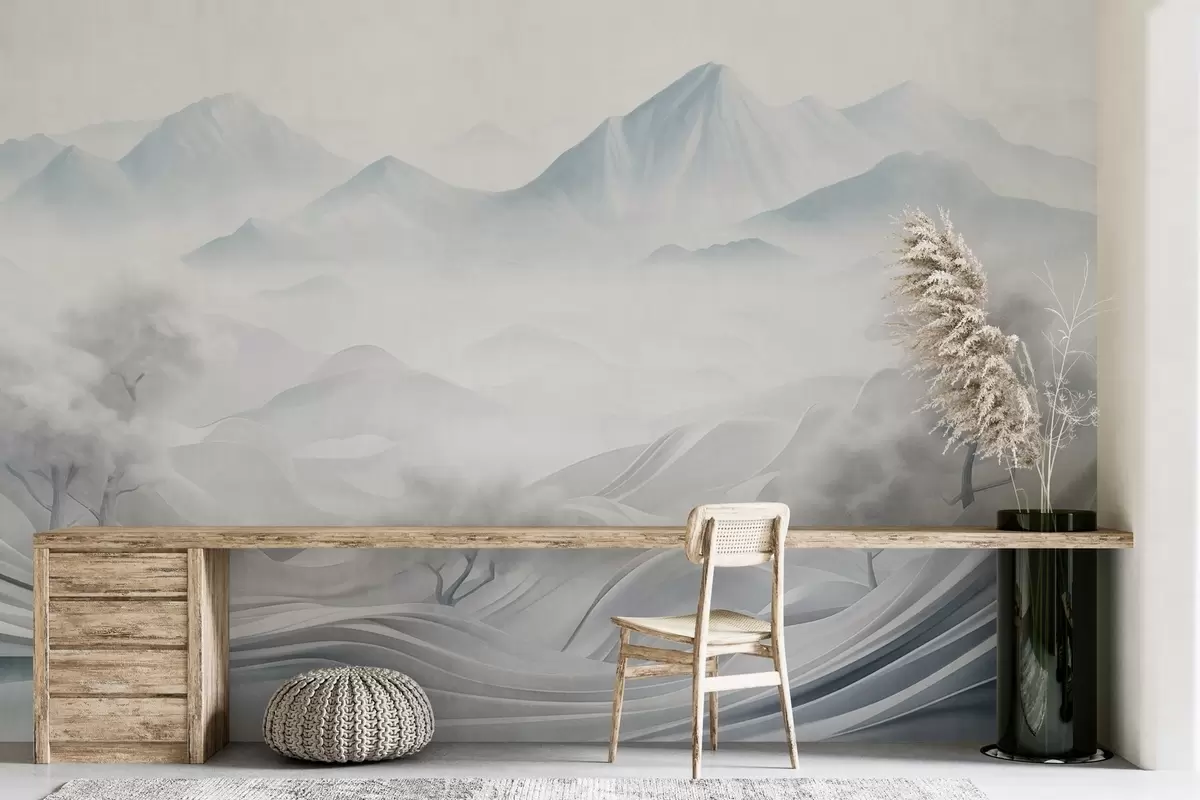Fototapete Verschneite abstrakte dekorative Berglandschaft mit weißen Bäumen und Nebel, minimalistischer strukturierter Stil w09426