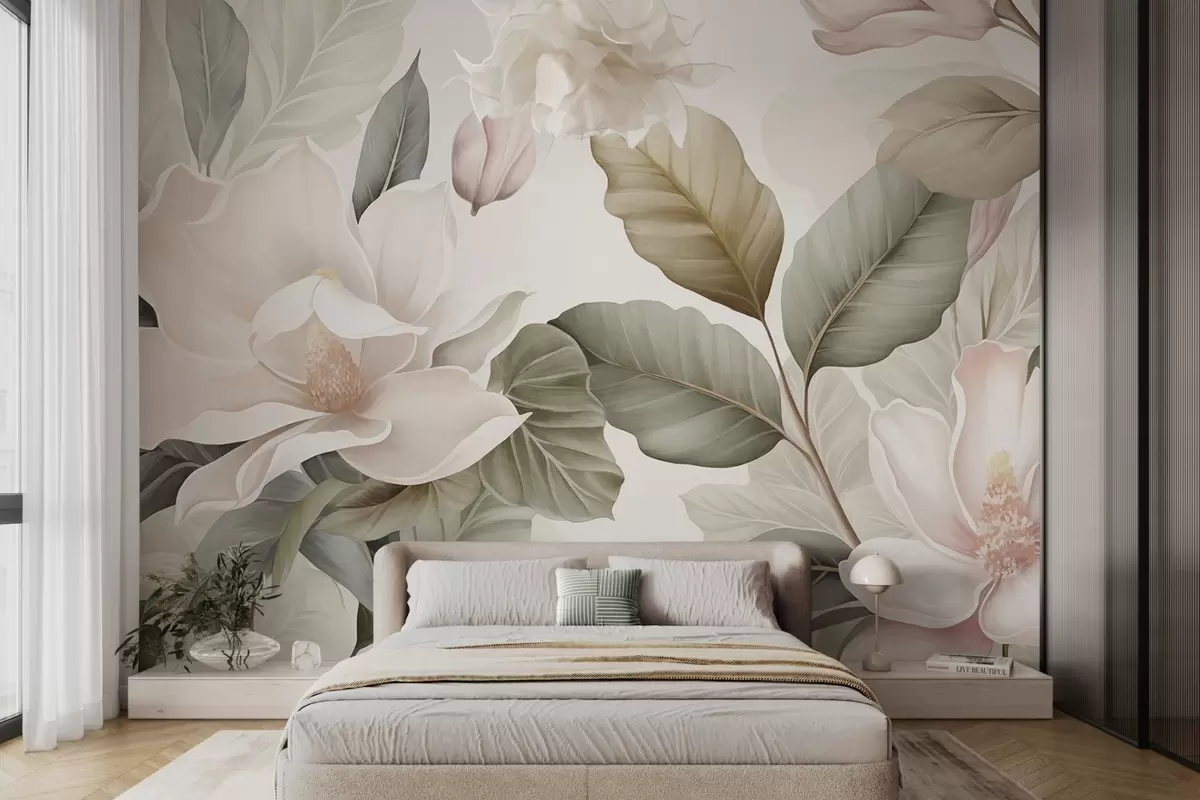 Fototapete Magnolienblüten mit Blättern in Pastellfarben, weiß, rosa und grün, zart, delikat, im Aquarellstil w09427