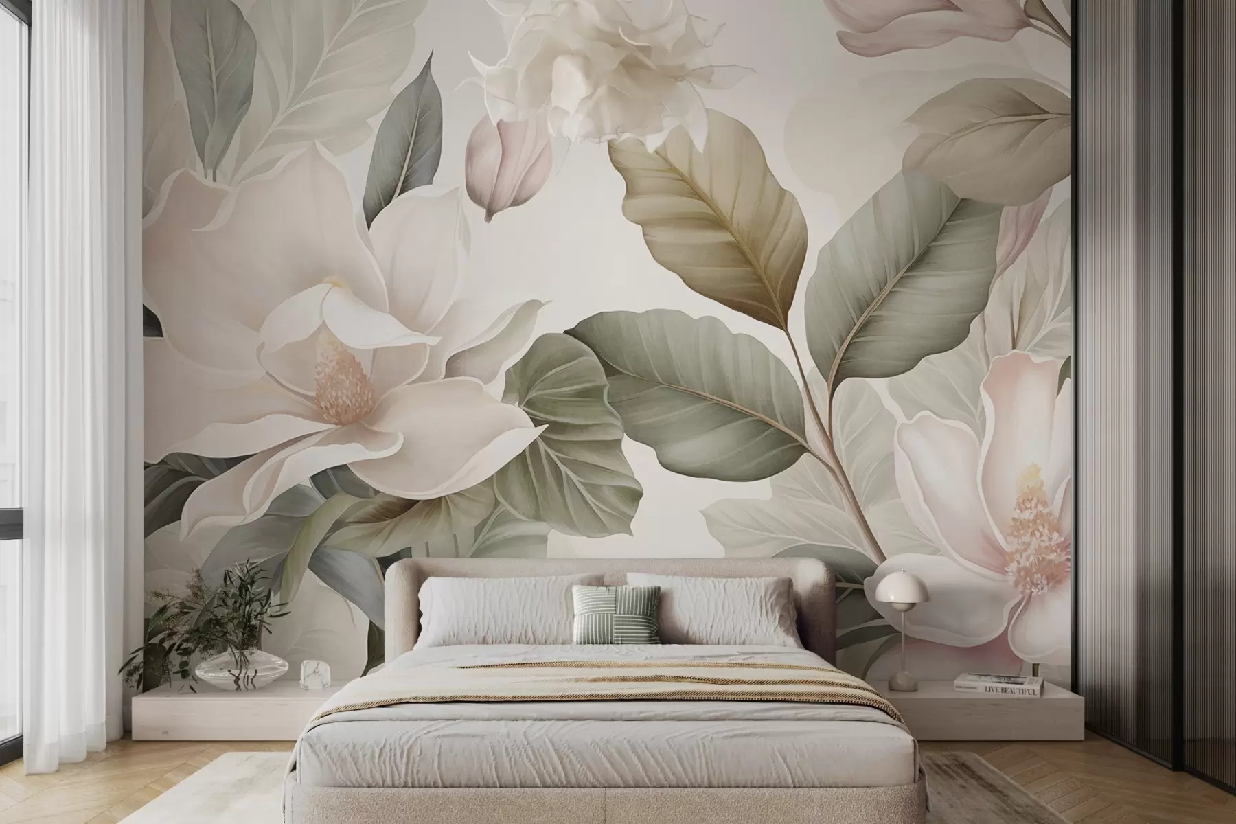 Fototapete Magnolienblüten mit Blättern in Pastellfarben, weiß, rosa und grün, zart, delikat, im Aquarellstil w09427
