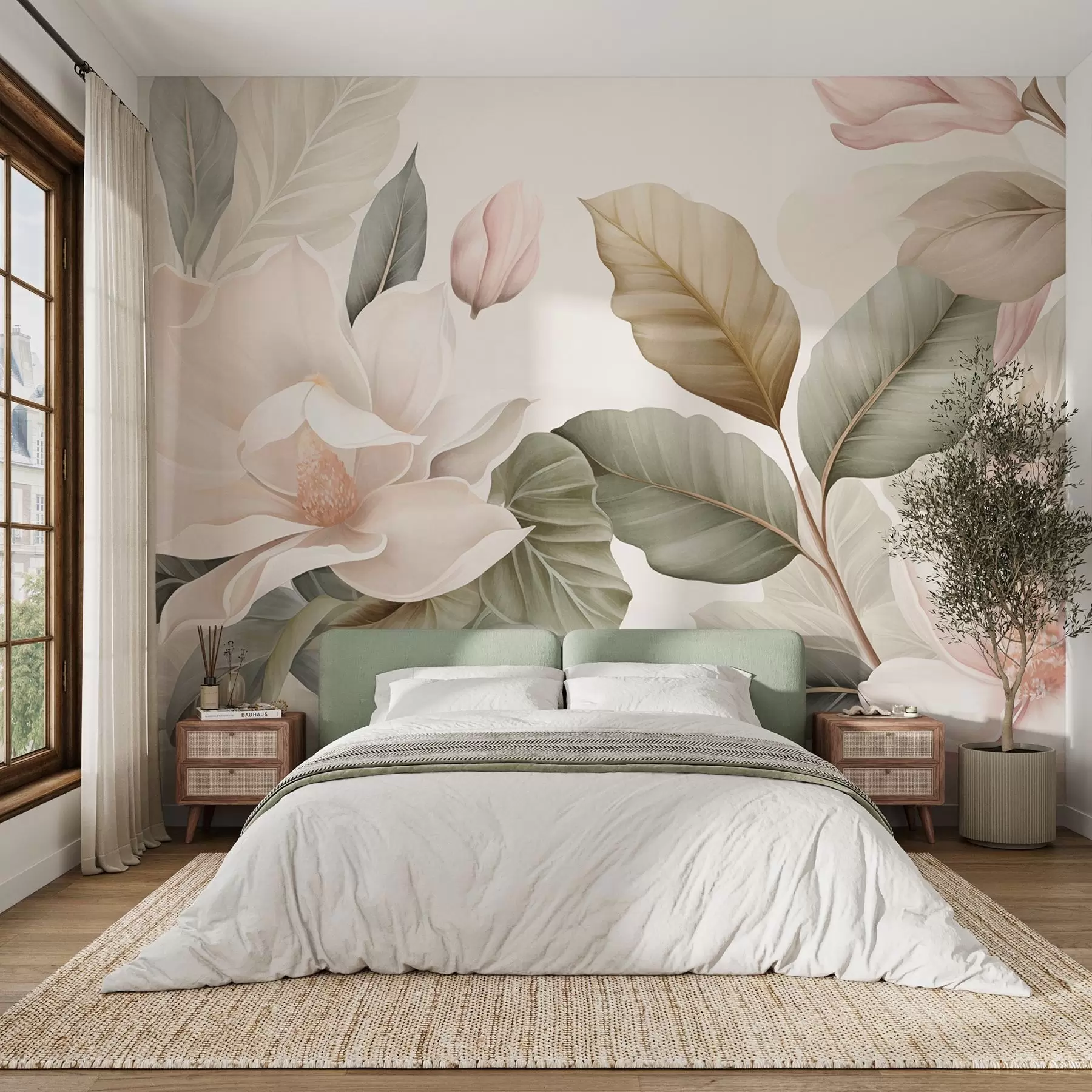 Fototapete Magnolienblüten mit Blättern in Pastellfarben, weiß, rosa und grün, zart, delikat, im Aquarellstil w09427