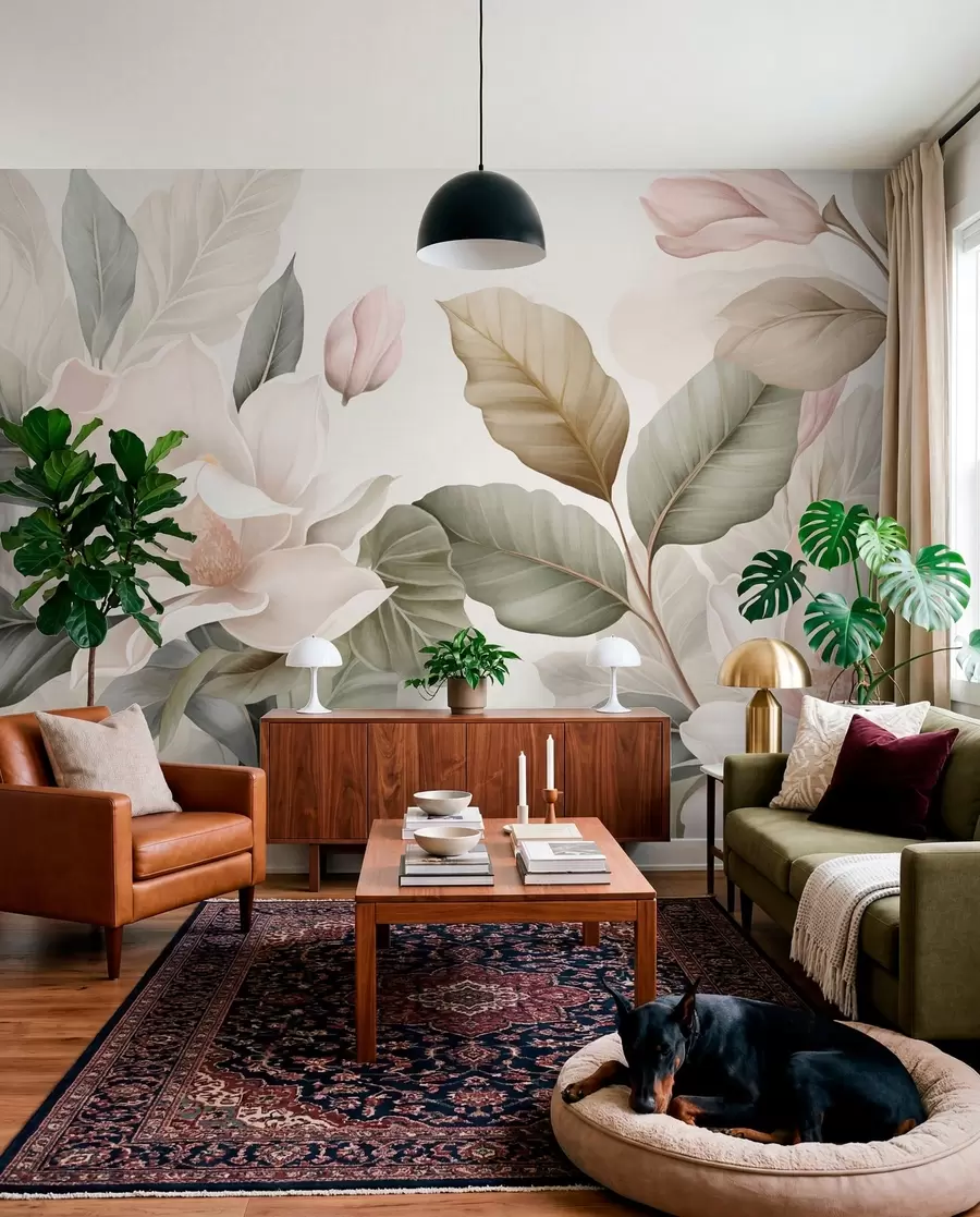 Fototapete Magnolienblüten mit Blättern in Pastellfarben, weiß, rosa und grün, zart, delikat, im Aquarellstil w09427