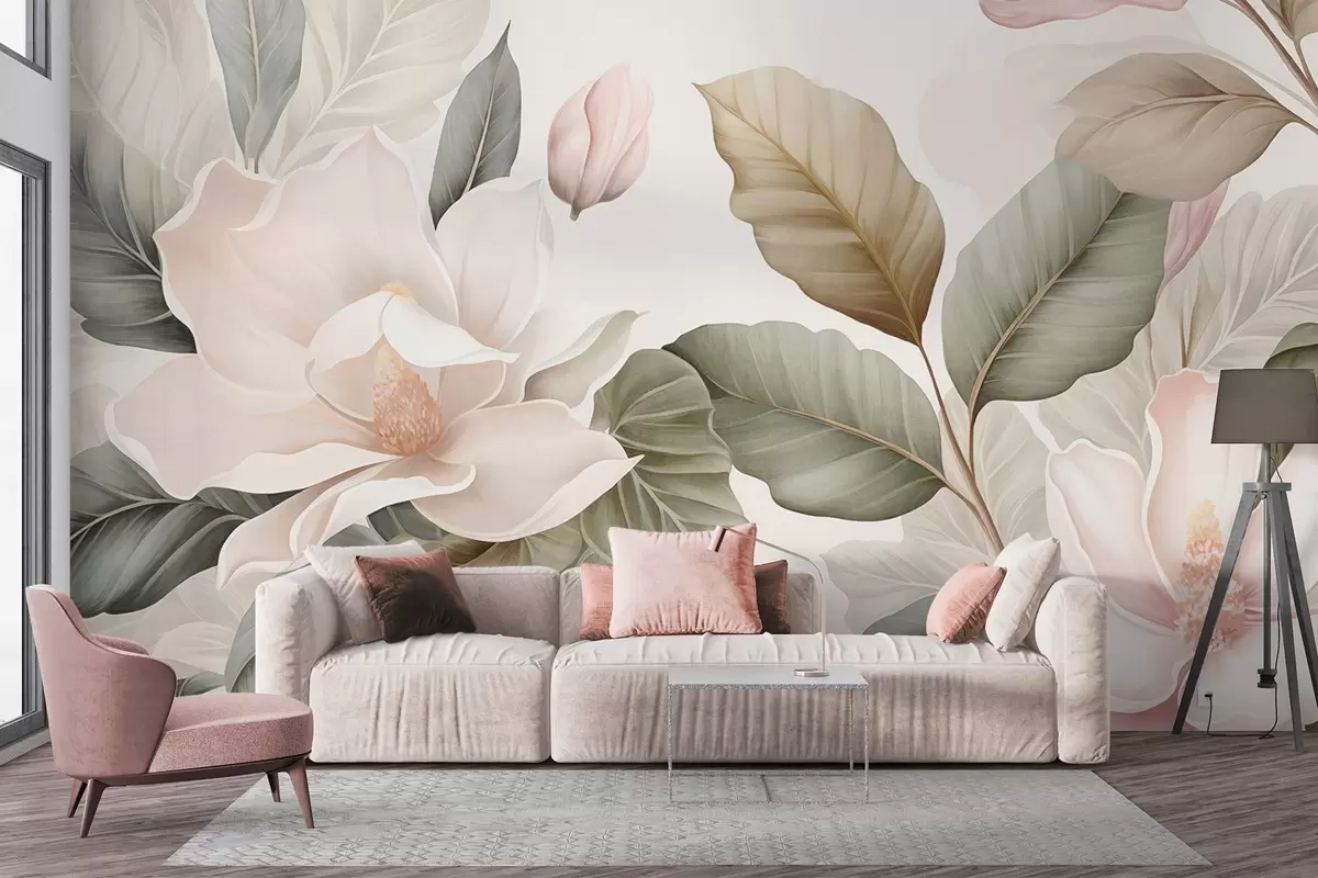 Fototapete Magnolienblüten mit Blättern in Pastellfarben, weiß, rosa und grün, zart, delikat, im Aquarellstil w09427