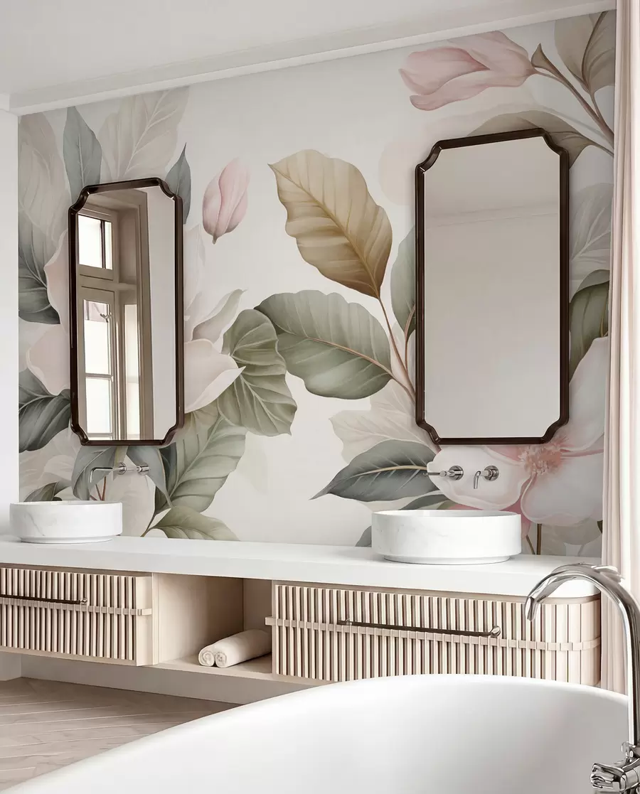 Fototapete Magnolienblüten mit Blättern in Pastellfarben, weiß, rosa und grün, zart, delikat, im Aquarellstil w09427
