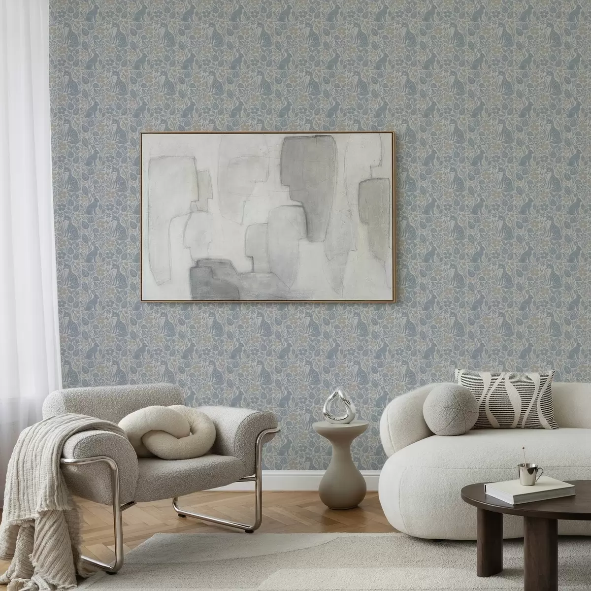 Tapete Waldtiere und Blumen: Fuchs und Hase in Blautönen a00613