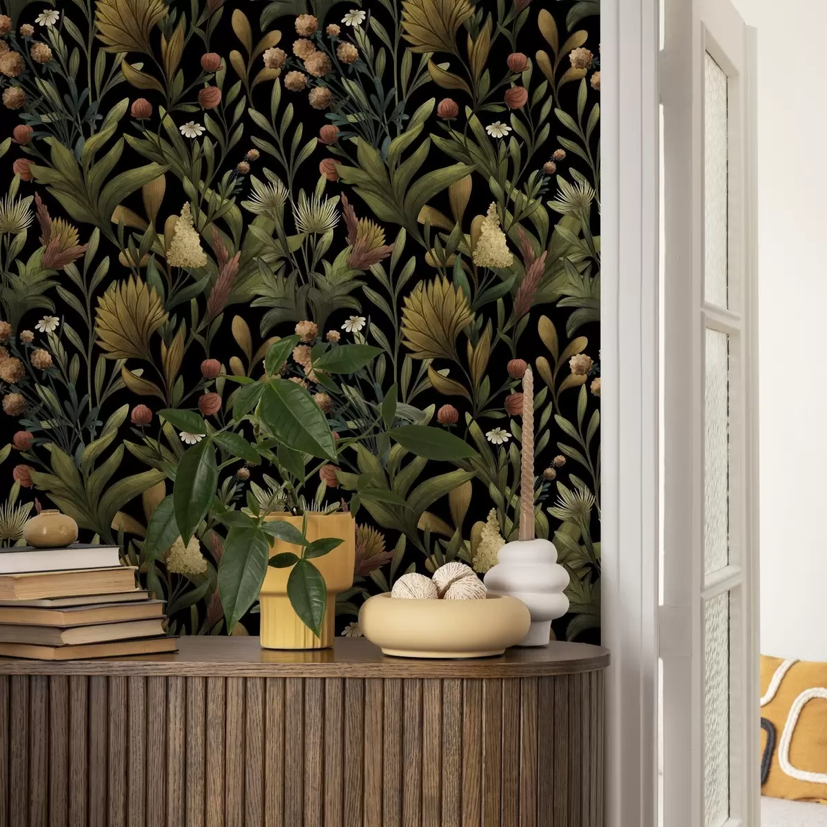 Tapete Botanischer Garten auf schwarzem Hintergrund, warme Herbstfarben a00619