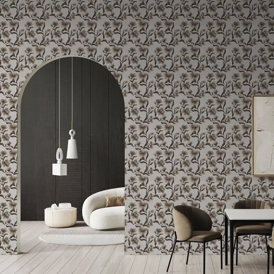 Fototapete Beigefarbene Blumen und dunkle Zweige auf hellgrauem Hintergrund a00626v1