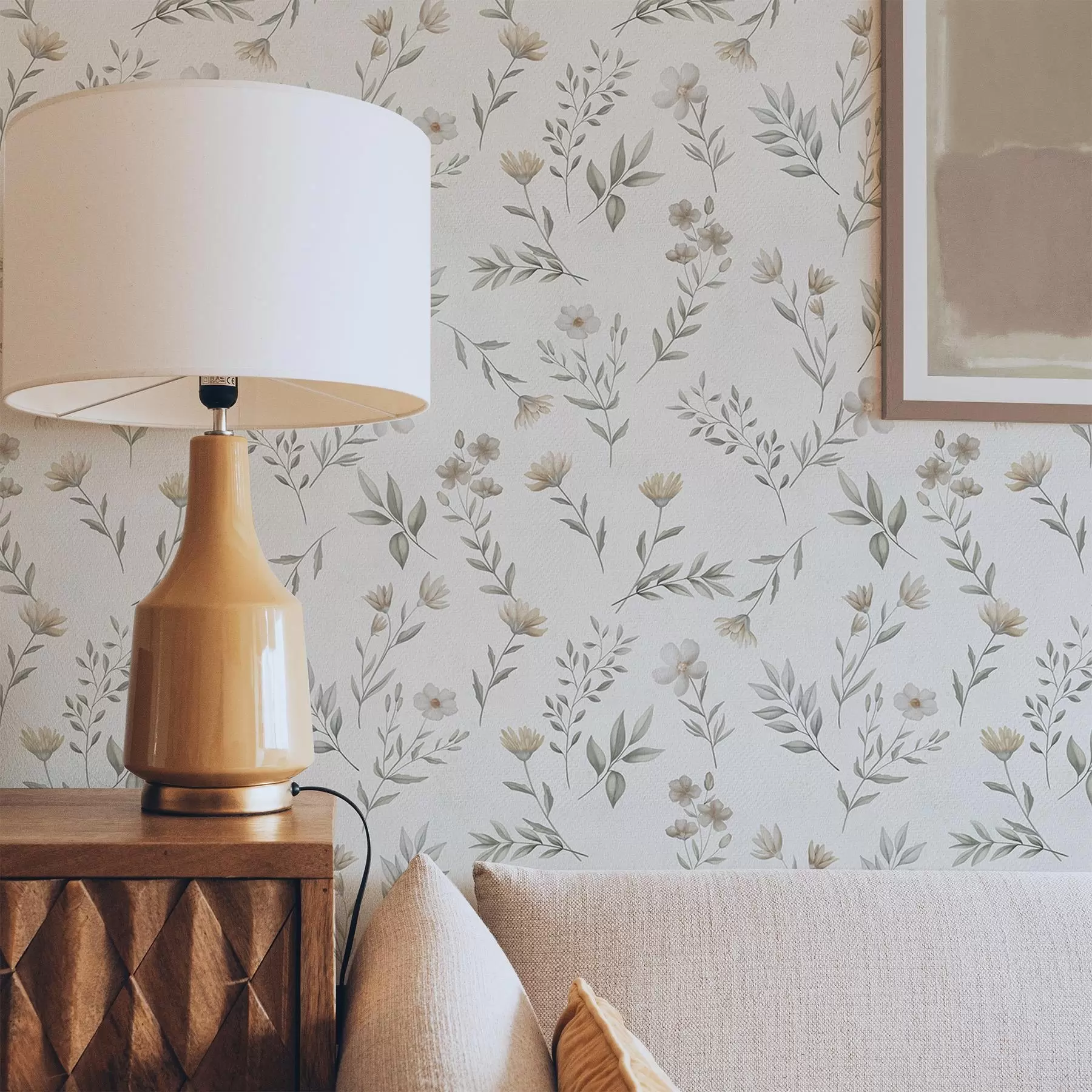 Fototapete Kleine Aquarellzweige und Blumen auf hellem Hintergrund a00665