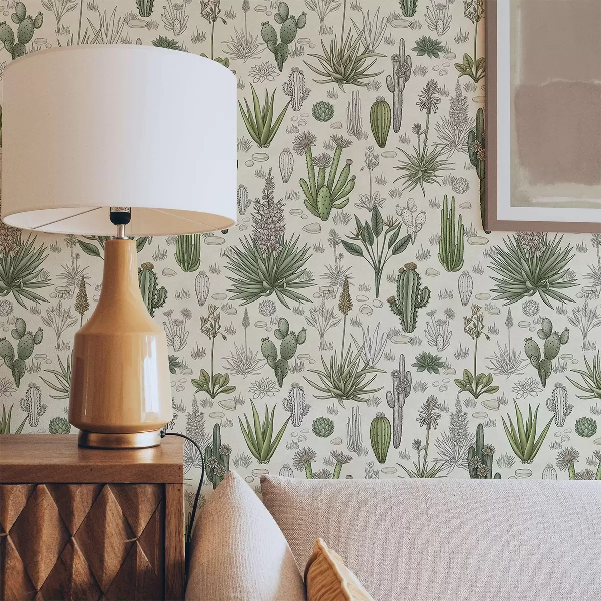 Tapete Kakteen und Sukkulenten auf warmem Hintergrund, detailreicher Druck a00666