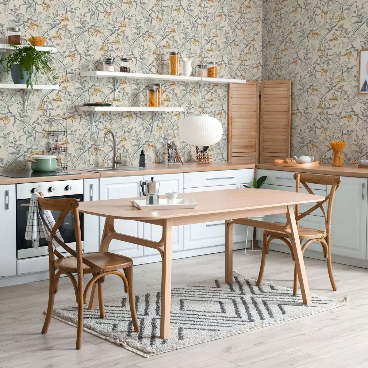 Tapete Vintage-Blumen mit blauem Laub auf cremefarbenem Hintergrund a00717