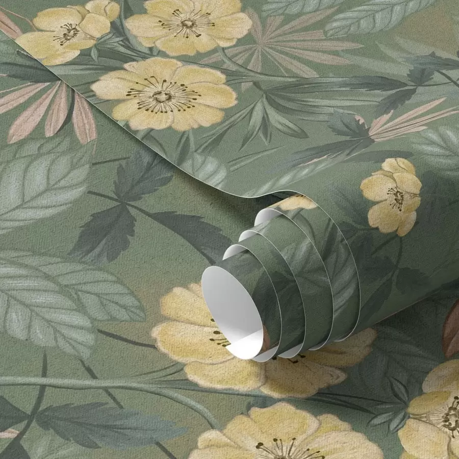 Fototapete Gelbe Blumen inmitten grüner Blattstruktur a00718