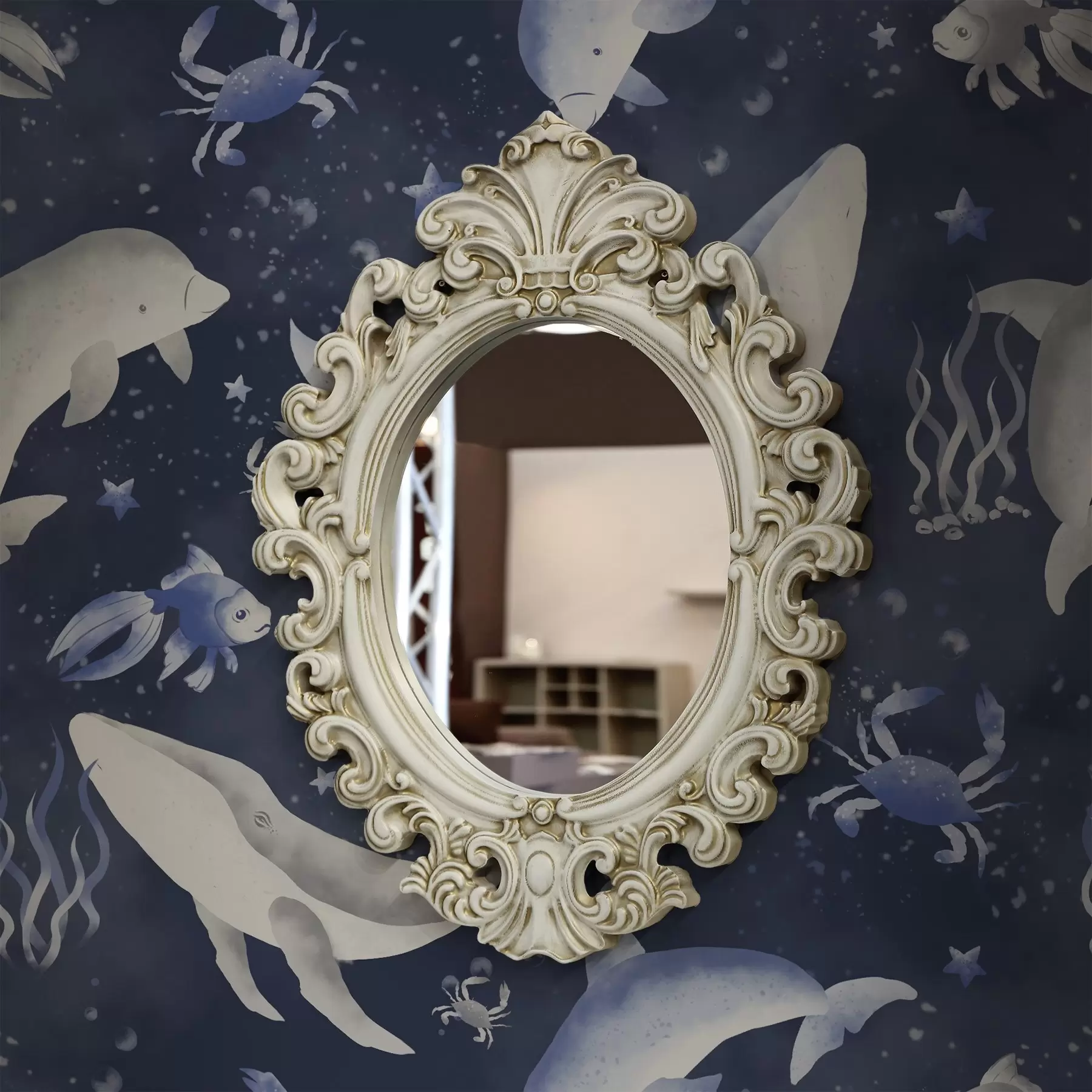 Fototapete Wale, Delfine und Krabben auf dunkelblauem Hintergrund a00720