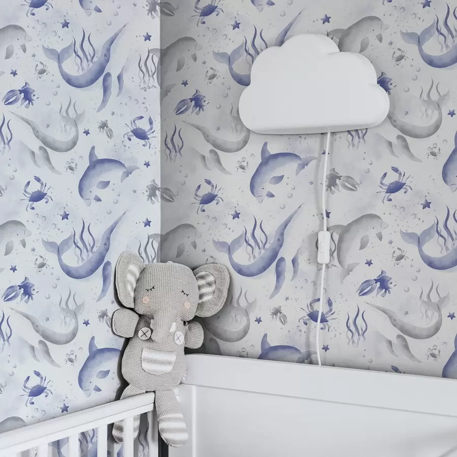 Fototapete See-Wale und Delfine in Blautönen auf weißem Hintergrund a00720v1