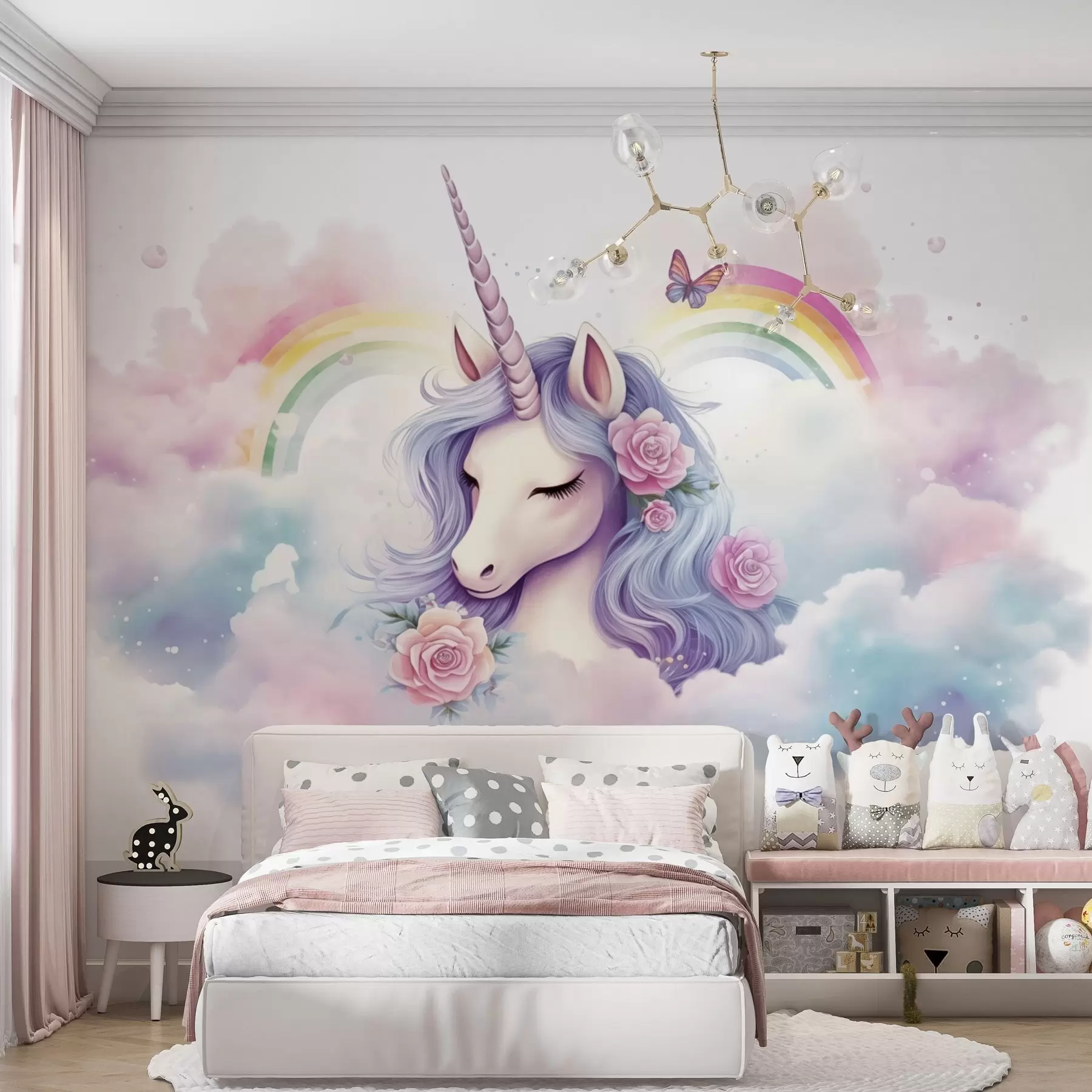 Fototapete Pastellfarbenes Einhorn in Wolken mit Regenbogen und Rosen w03990