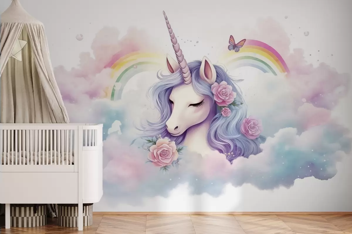 Fototapete Pastellfarbenes Einhorn in Wolken mit Regenbogen und Rosen w03990