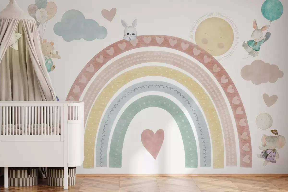 Fototapete Pastellfarbener Regenbogen mit Herzen, Tieren und Luftballons w04681