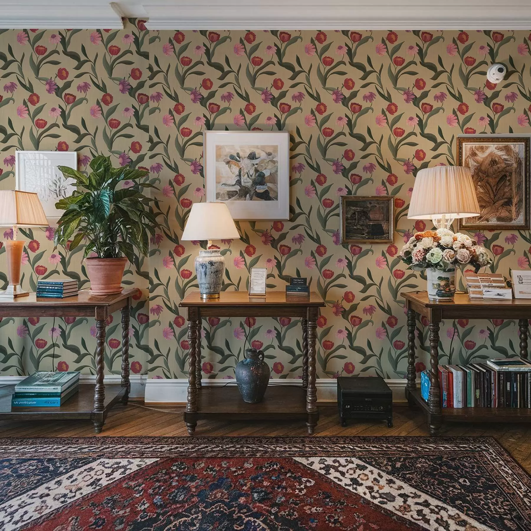 Fototapete Rosa-rote Blumen auf beigem Hintergrund, handgezeichnete Textur a00631