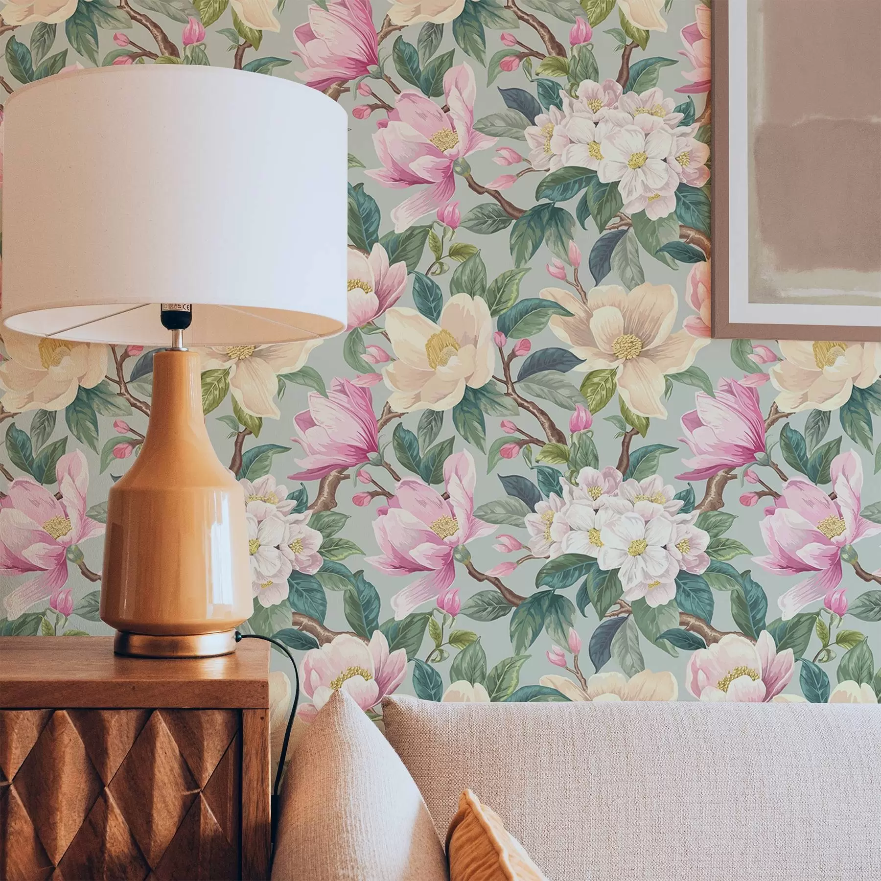 Fototapete Magnolien und weiße Blüten auf mintgrauem Hintergrund a00644