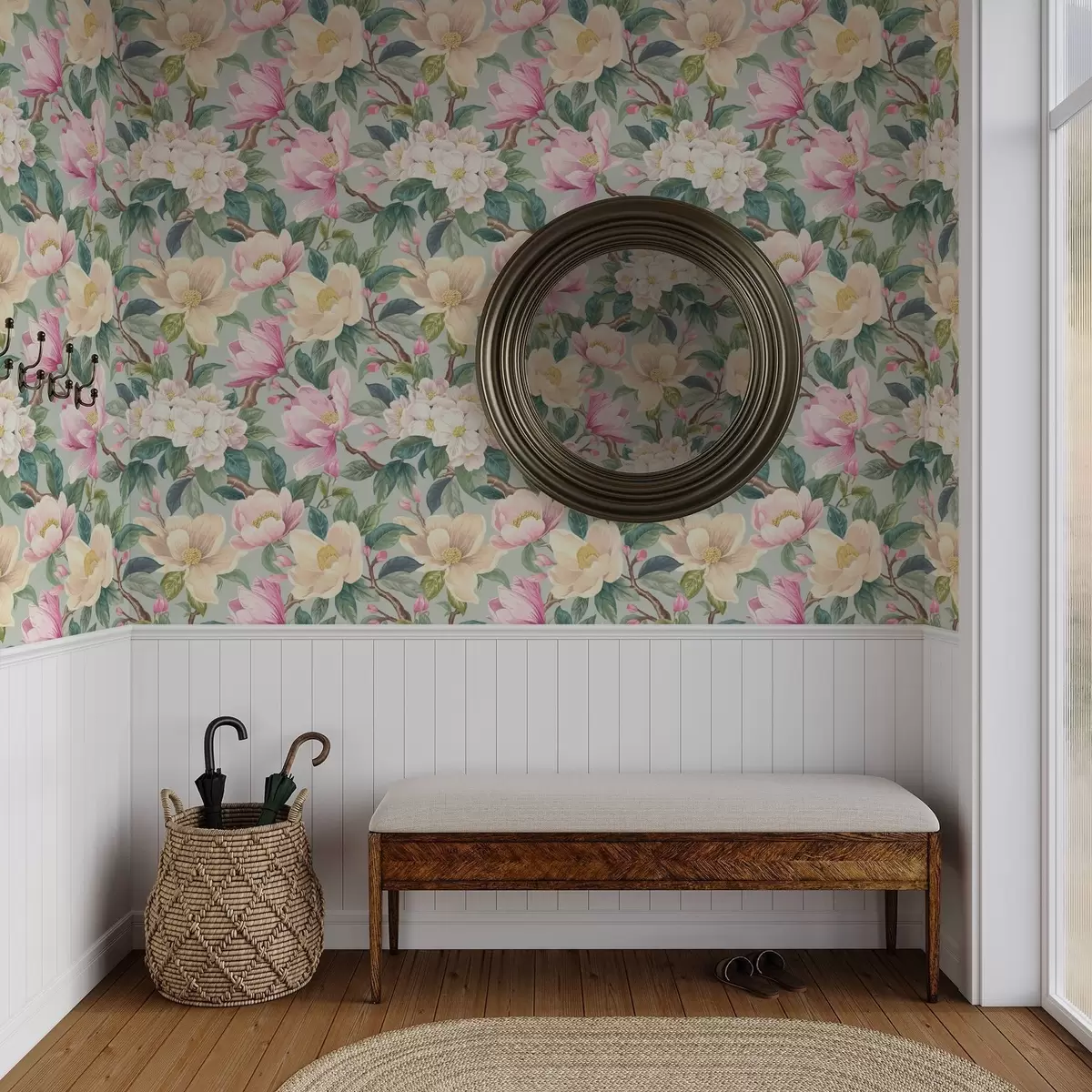 Tapete Magnolien und weiße Blüten auf mintgrauem Hintergrund a00644