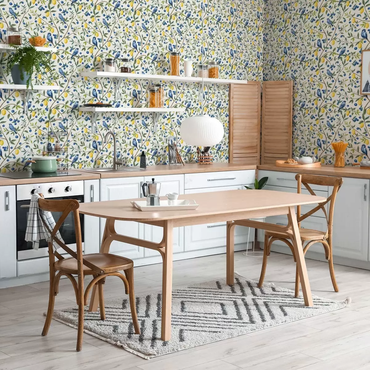 Tapete Blaue Vögel, Zitronen und Beeren auf weißem Hintergrund a00668 Tapete Blaue Vögel, Zitronen und Beeren auf weißem Hintergrund a00668