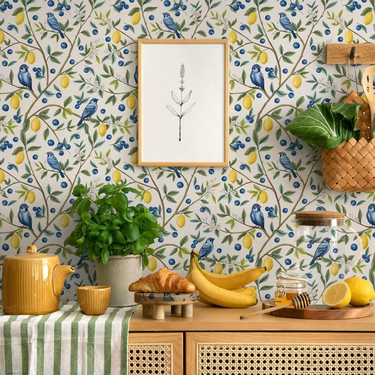 Tapete Blaue Vögel, Zitronen und Beeren auf weißem Hintergrund a00668