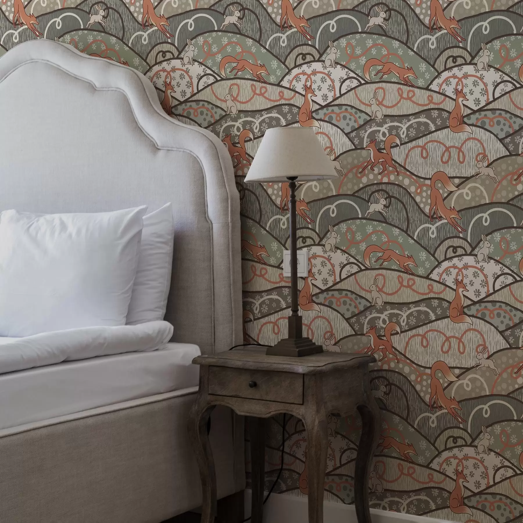 Fototapete Füchse und Hasen auf welligen Hügeln, Retro-Muster a00690