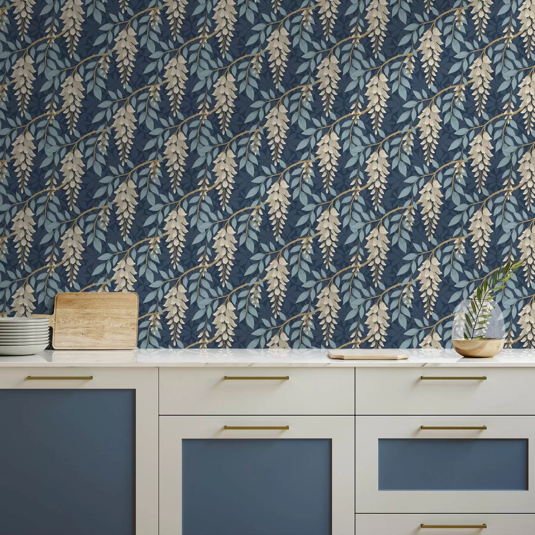 Fototapete Glyzinie mit blauen Blättern auf dunkelblauem Hintergrund a00694v2