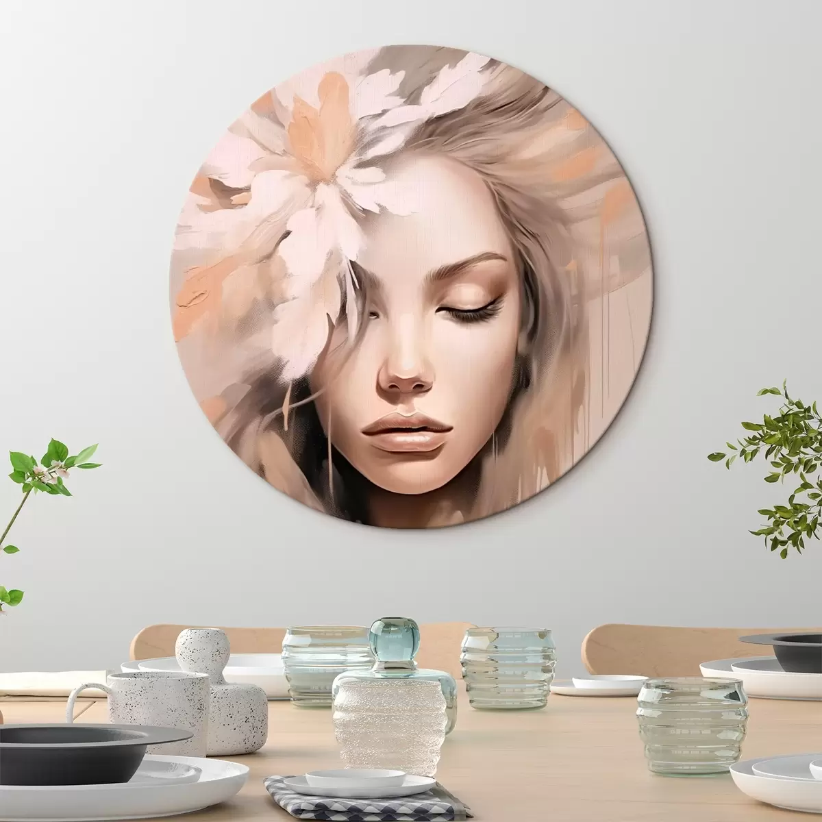 Runde Wandbilder Frauenporträt mit einer Blume r46218