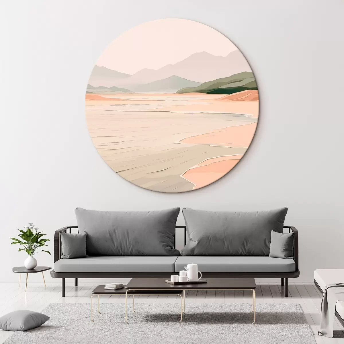 Runde Wandbilder Minimalistische Landschaft mit Bergen und Ufer r46248