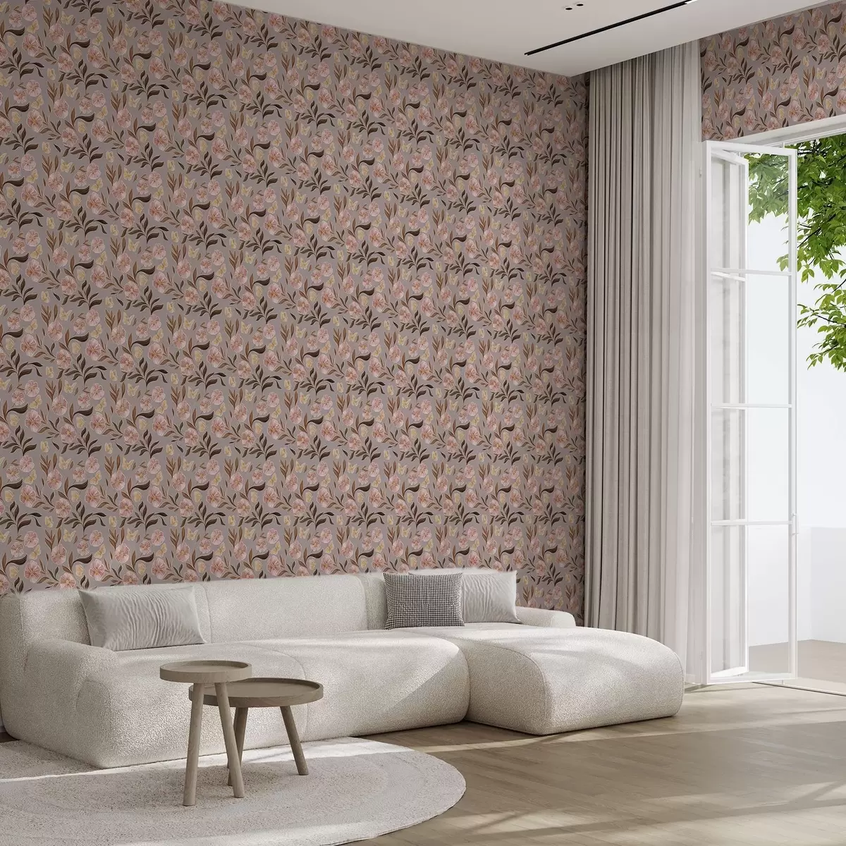 Tapete Rosa Blumen und Schmetterlinge auf grau-beigem Hintergrund a00633